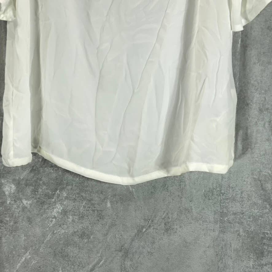 DKNY Women's Linen White Crewneck Imitation-Pear-Trim Elbow-Sleeve Top SZ M