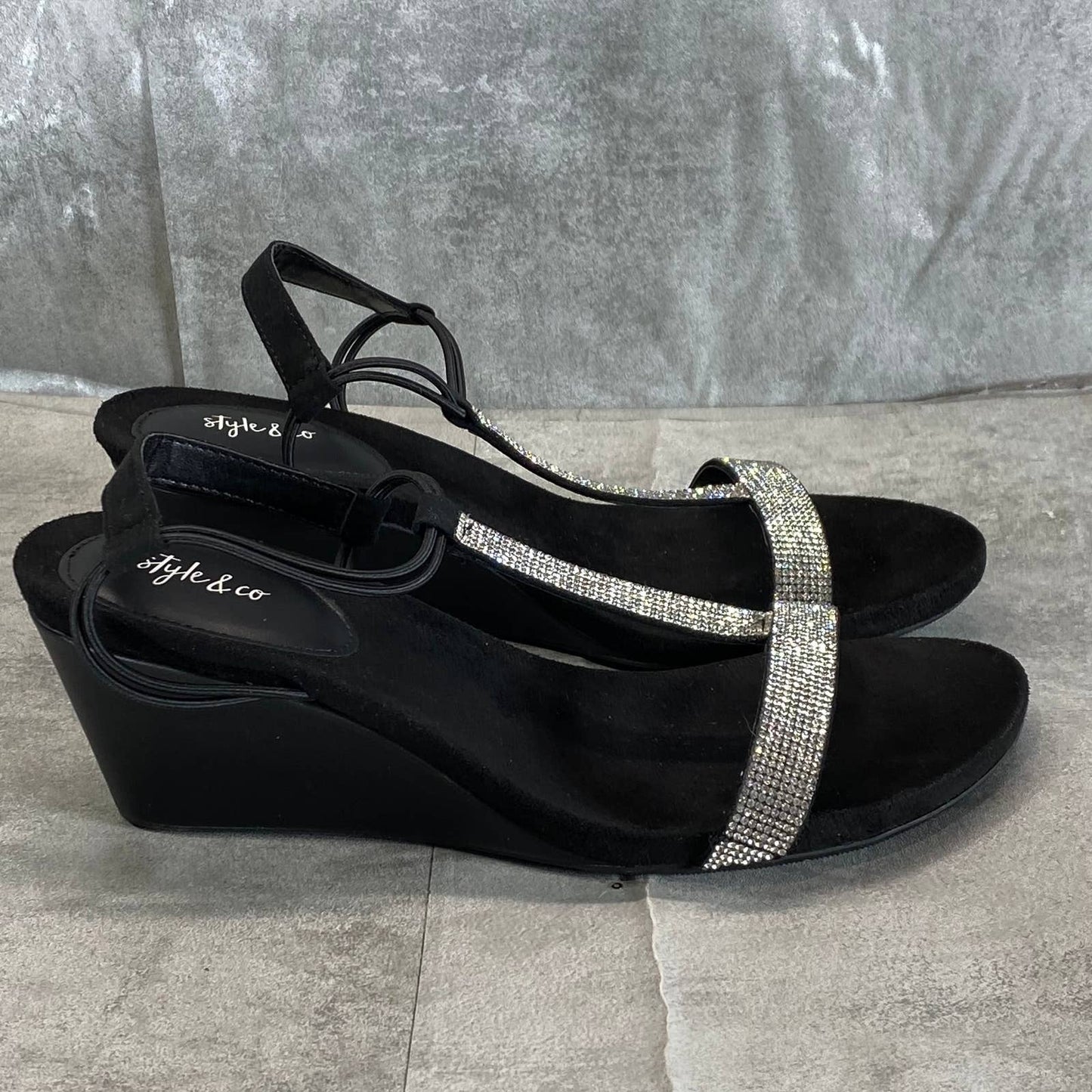 STYLE & CO Women's Black Mulan Embellished T-Strap Slingback Wedge Sandals SZ9.5