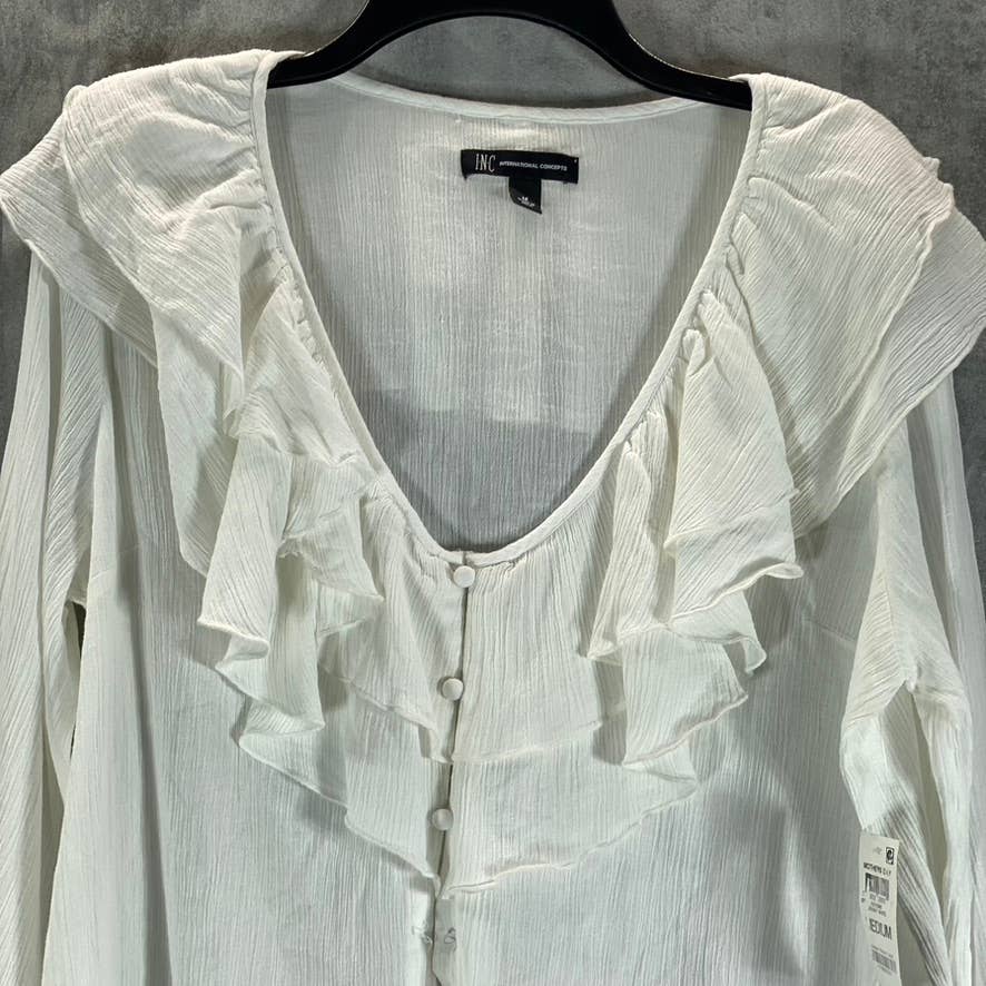 INC INTERNATIONAL CONCEPTS Women's Bright White V-Neck Double-Ruffle Top SZ M