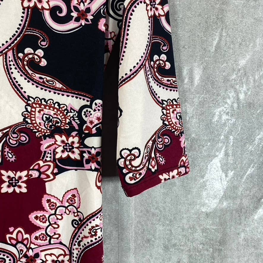 24SEVEN Comfort Apparel Women's Burgundy Printed Faux-Wrap 3/4 Sleeve Dress SZ M