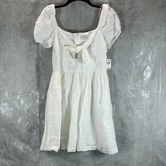 BAR III Women's Bright White Sweetheart Tie-Neck Eyelet Puff-Sleeve Dress SZ 6