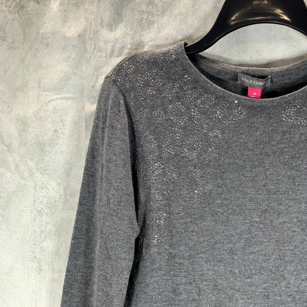 VINCE CAMUTO Women's Medium Heather Grey Crewneck Studded Shoulder Sweater SZ M