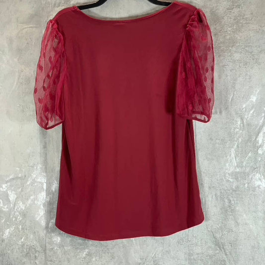 NY COLLECTION Women's Burgundy Square-Neck Elbow Mesh Dot Sleeve Crepe Top SZ M