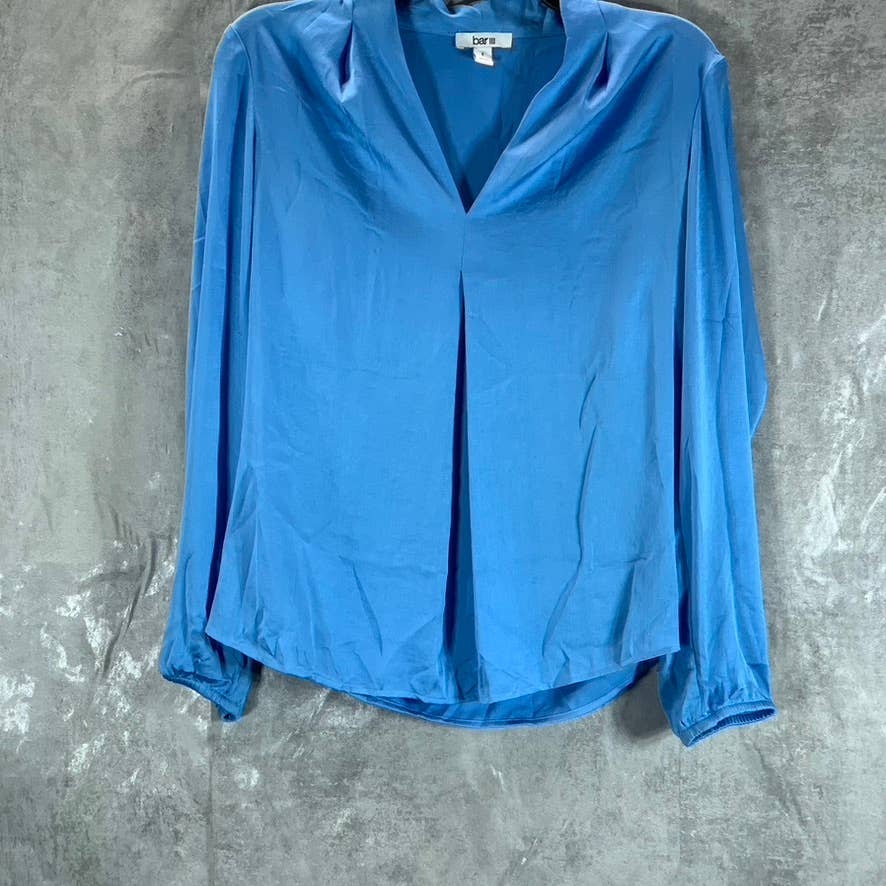 BAR III Women's Vista Blue Inverted-Pleat V-Neck Long-Sleeve Top SZ S