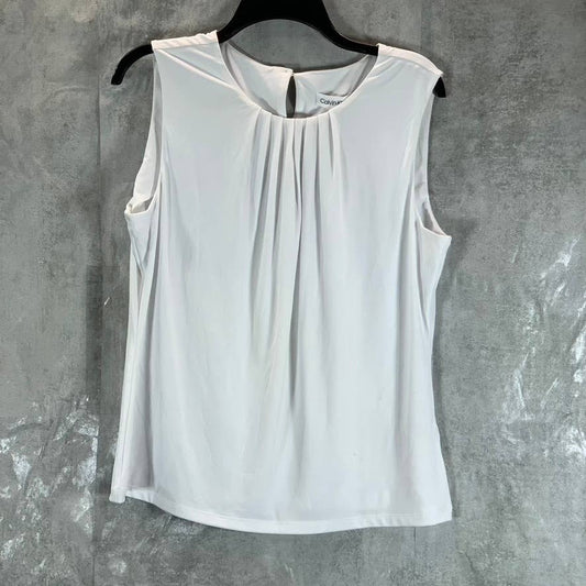 CALVIN KLEIN Women's White Pleated Crewneck Sleeveless Keyhole Back Top SZ 14