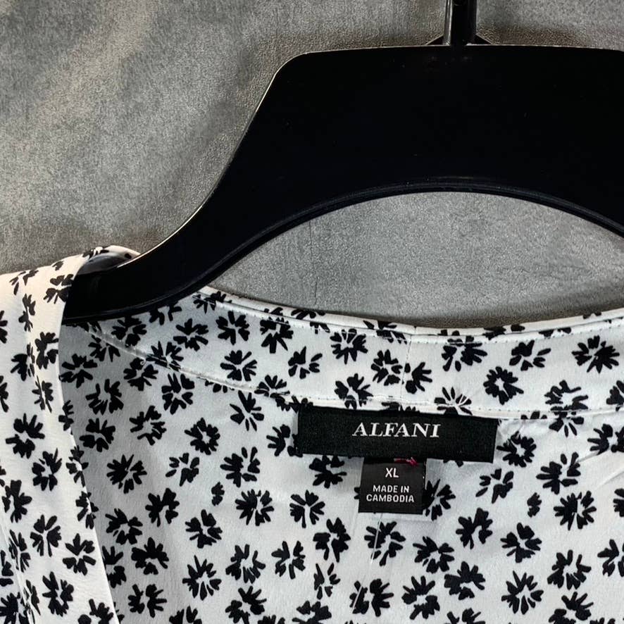 ALFANI Women's White Perfect Shirred Printed V-Neck Dolman-Sleeve Top SZ XL