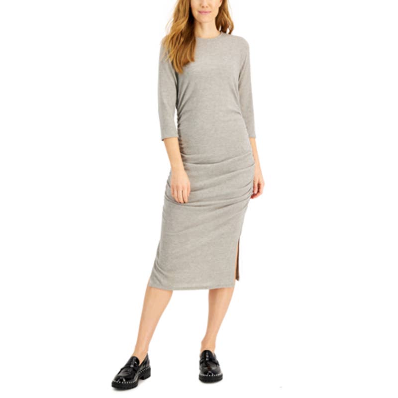 INC INTERNATIONAL CONCEPTS Women's Heather Grey 3/4 Sleeve Ruched Midi Dress