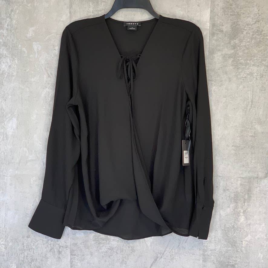 TROUVE Solid Black Lace-Up Wrap Long Sleeve Blouse SZ M