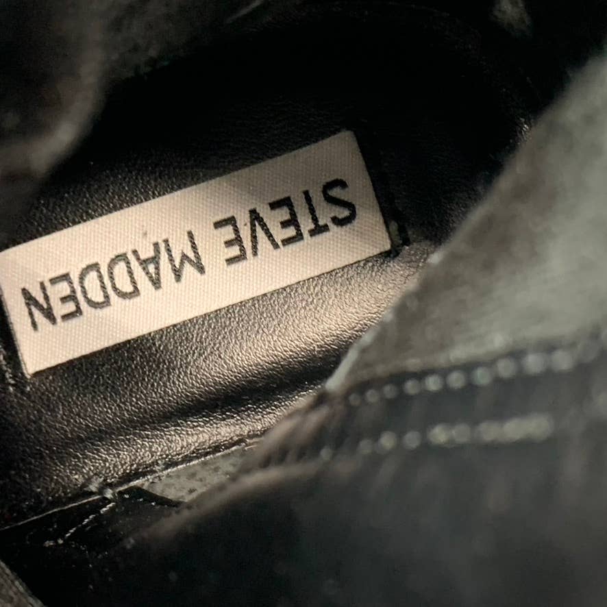 STEVE MADDEN Women's Black Leather Rainier Lace-Up Woven Lug-Sole Boots SZ 6.5