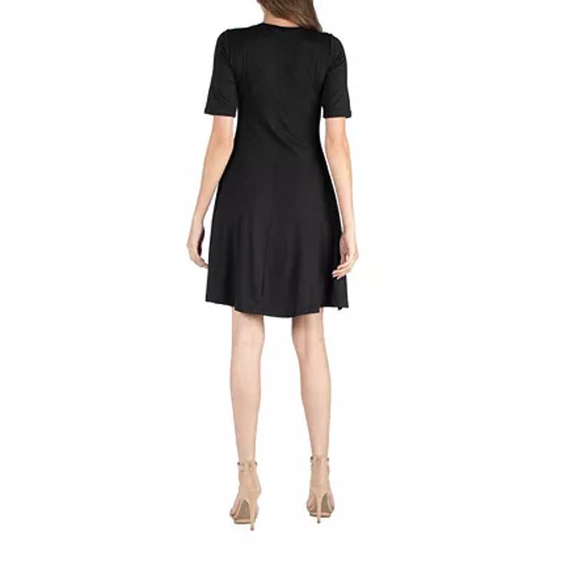24SEVEN COMFORT APPAREL Women's Solid Black Scoop-Neck Elbow Sleeve Dress SZ XL