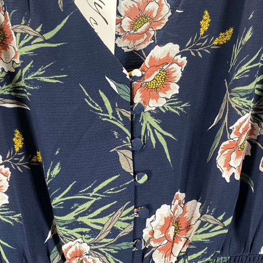 NY COLLECTION Women's Navy Floral V-Neck Smocked Long-Sleeve Fit & Flare Dress