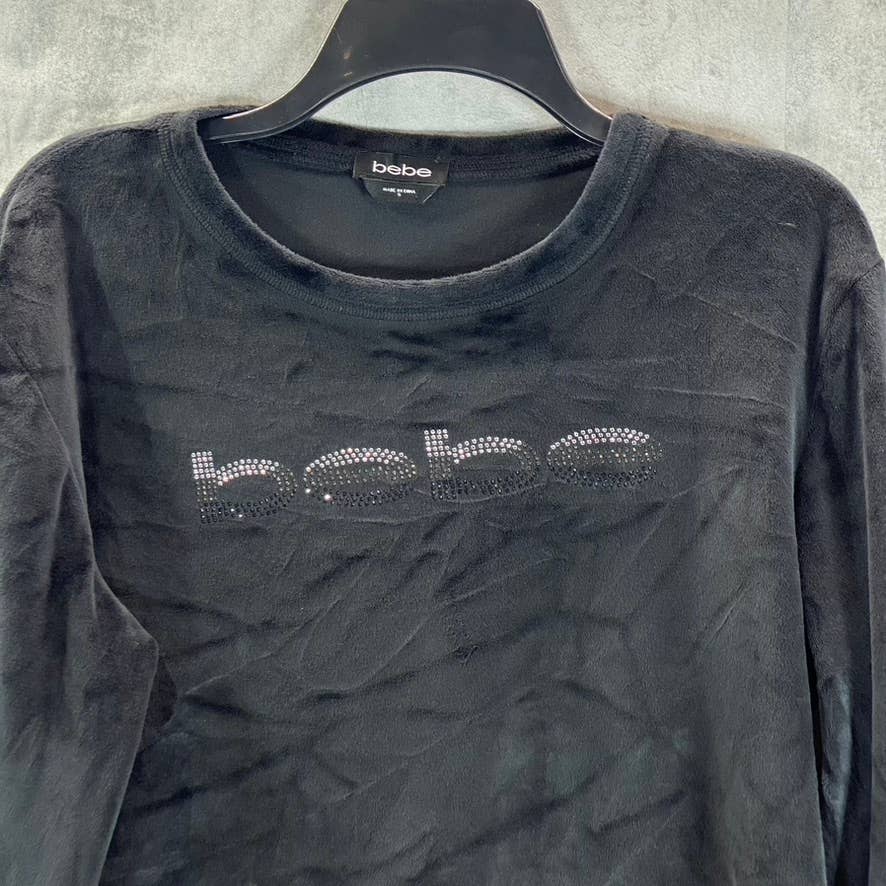 BEBE Women's Black Velour Rhinestone Logo Crewneck Pullover Sweatshirt SZ S