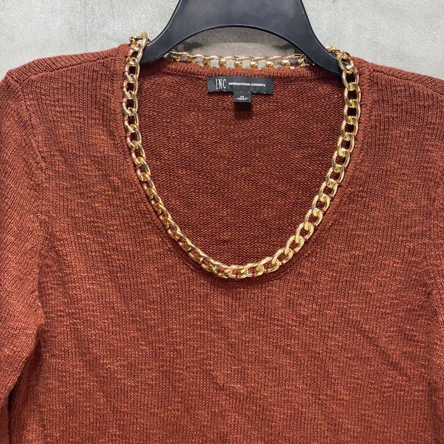 INC INTERNATIONAL CONCEPTS Deep Sienna Chain-Embellished Long Sleeve Tunic Pullover Sweater SZ M