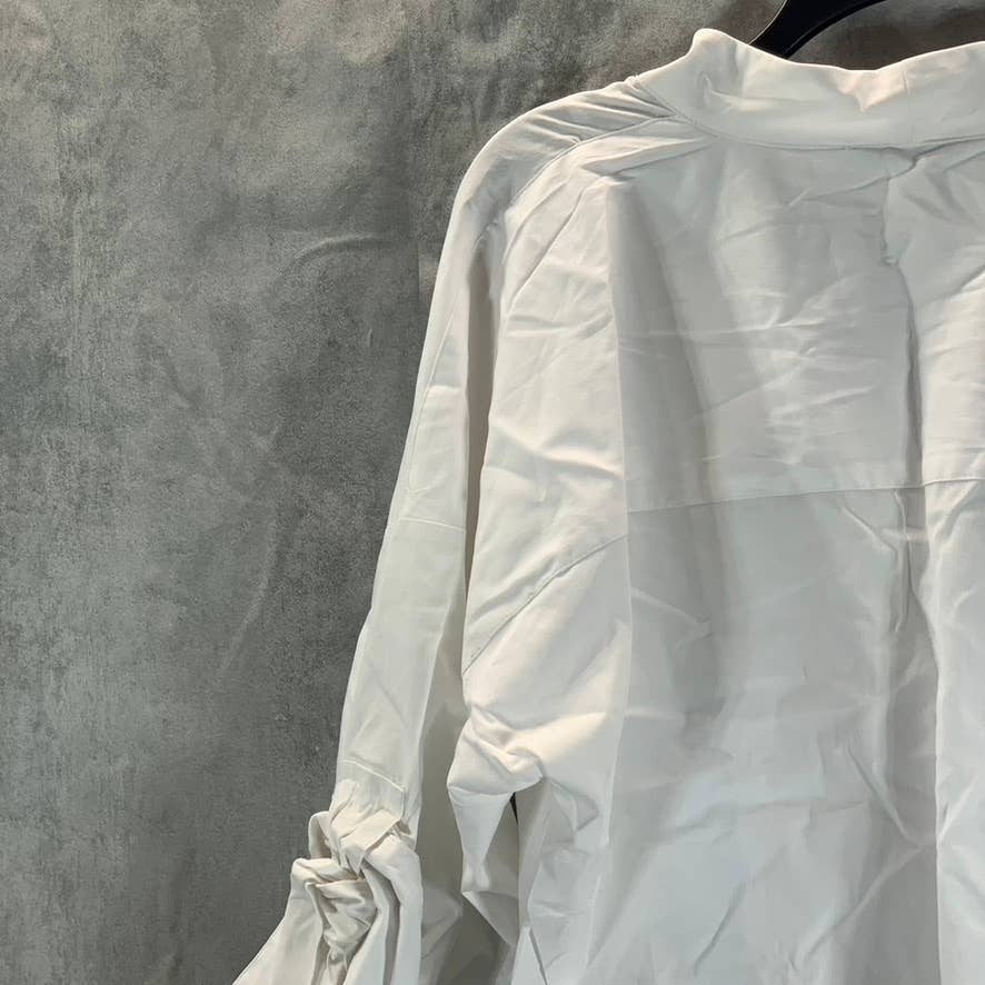 CALVIN KLEIN Women's White Solid V-Neck Elbow Tie-Sleeve Poplin Top SZ S