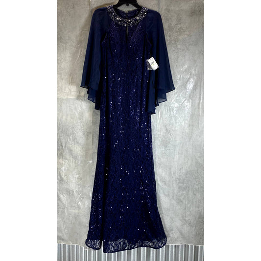 SLNY Women's Navy All-Over Lace Sequin Embellished Cape Maxi Gown SZ 4