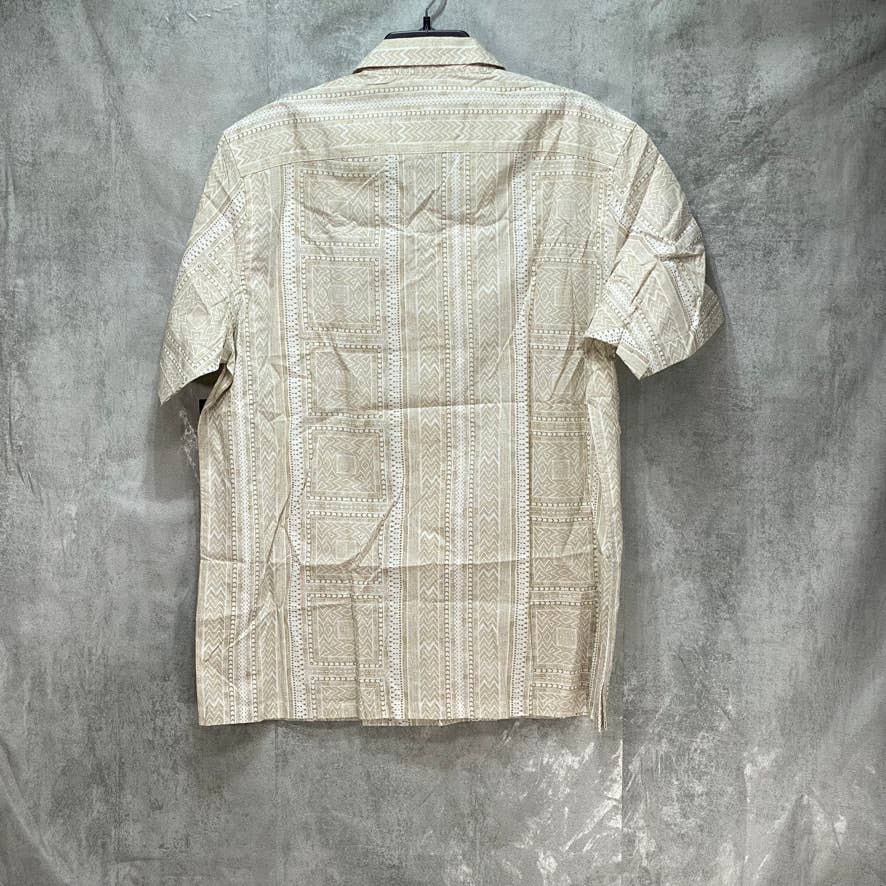 TASSO ELBA Brown Stretch Geo Tile-Print Camp Collar Short Sleeve Shirt SZ L