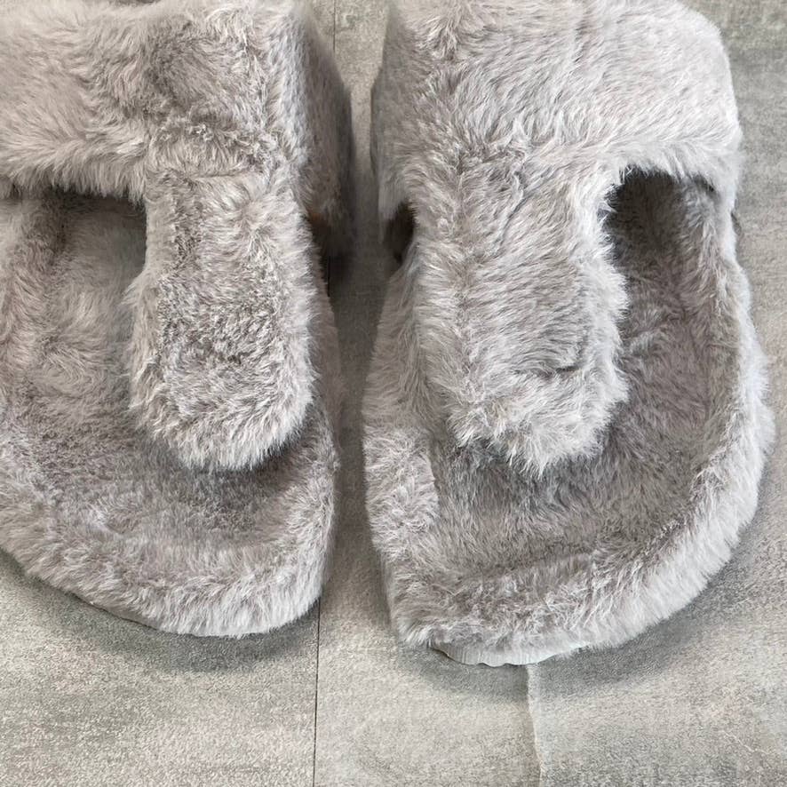 OLIVIA MILLER Women's Gray Faux-Fur Chloe T-Strap Thong Slip-On Slippers SZ 9