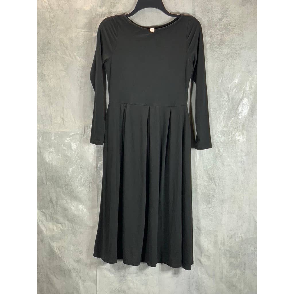 24SEVEN COMFORT APPAREL Women's Black Round-Neck Long-Sleeve Midi Dress SZ S