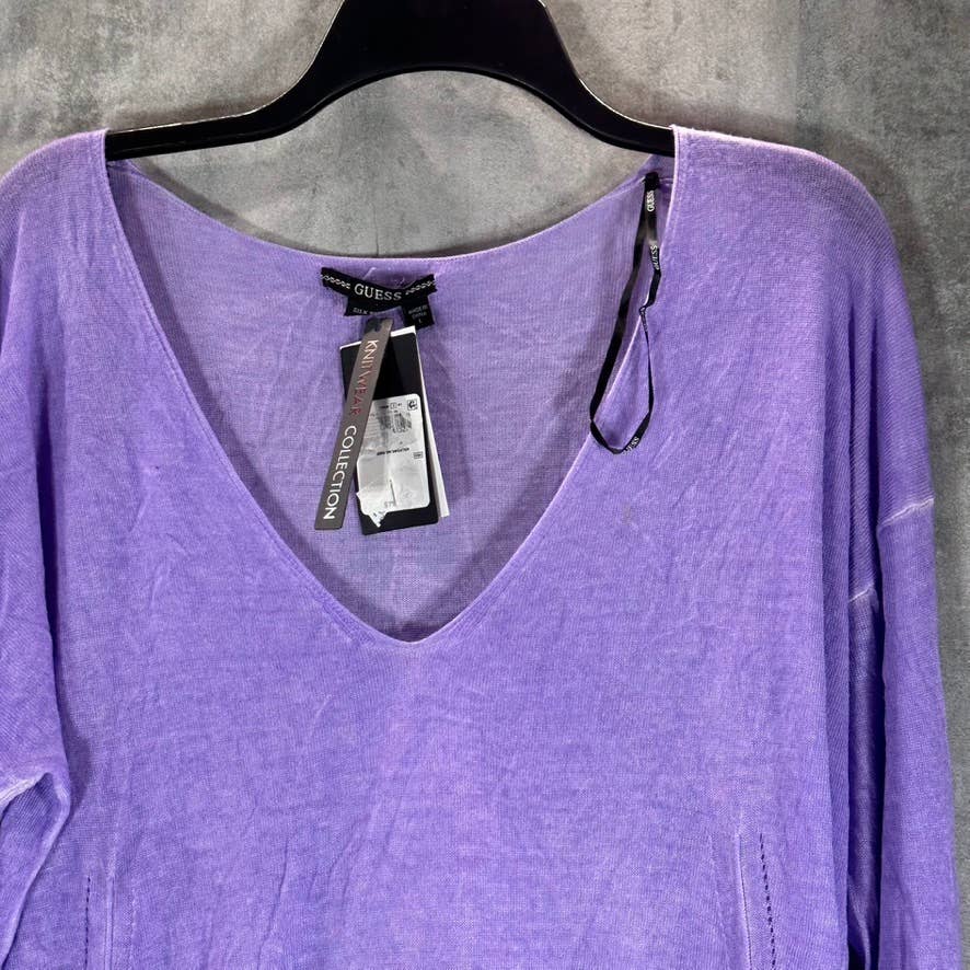 GUESS Women's Lilac Forever Sandra V-Neck Drop-Shoulder Ribbed-Hem Sweater SZ L