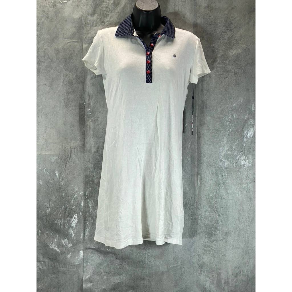 TOMMY HILFIGER Women's Bright White Cotton Polka-Dot Collar Polo Dress SZ XS