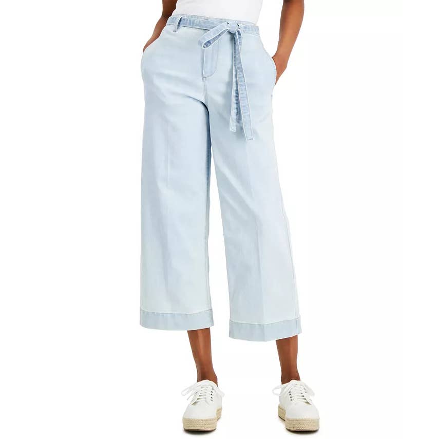 CHARTER CLUB Women's Light Wash Denim Boca Belted Crop Wide-Leg Pants SZ 4