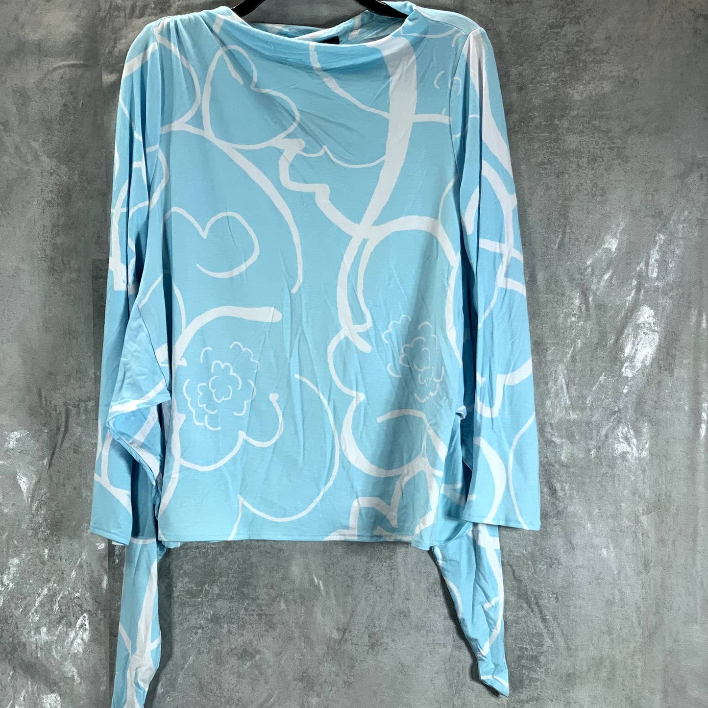 ALFANI Women's Blue Bloom Outline Boatneck Tie-Front 3/4 Sleeve Top SZ M