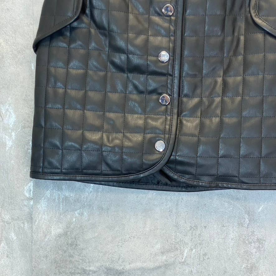 TOPSHOP Women's Solid Black Faux Leather Quilted Snap Front Mini Skirt SZ 4