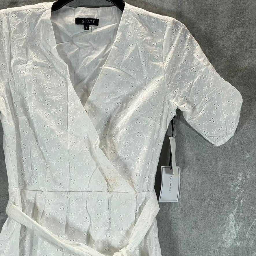 1. STATE Women's White Eyelet Wrap-Front Ruched Elbow-Sleeve Mini Dress SZ 2