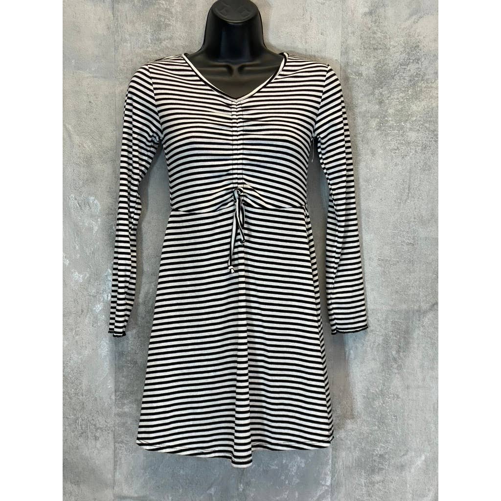 VELVET TORCH Women's Black-White Striped V-Neck 3/4 Sleeve Ruched Mini Dress