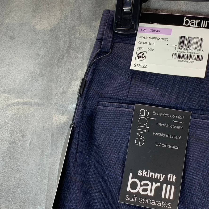 BAR III Men's Blue Plaid Bi-Stretch Skinny-Fit Suit Separate Dress Pants SZ32X32