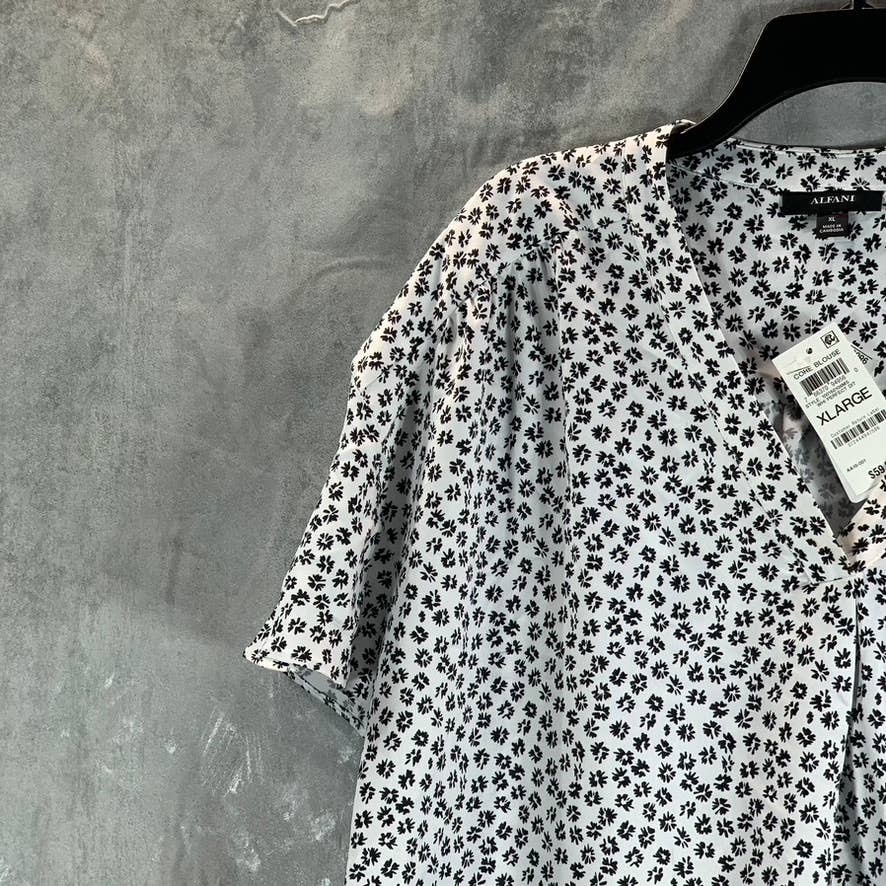ALFANI Women's White Perfect Shirred Printed V-Neck Dolman-Sleeve Top SZ XL