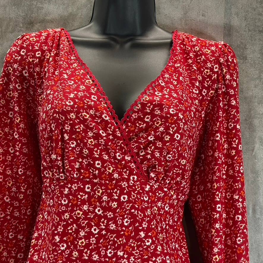 CITY STUDIO Red Floral V-Neck Lace-Trim Ruffle Long-Sleeve Fit & Flare Mini