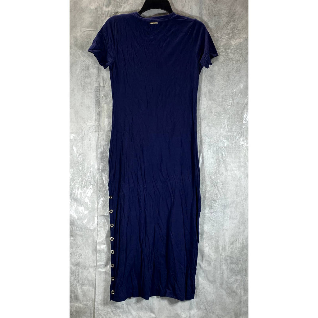 MICHAEL MICHAEL KORS Women's True Navy Crewneck Grommet-Trim Slit Maxi Gown SZ S