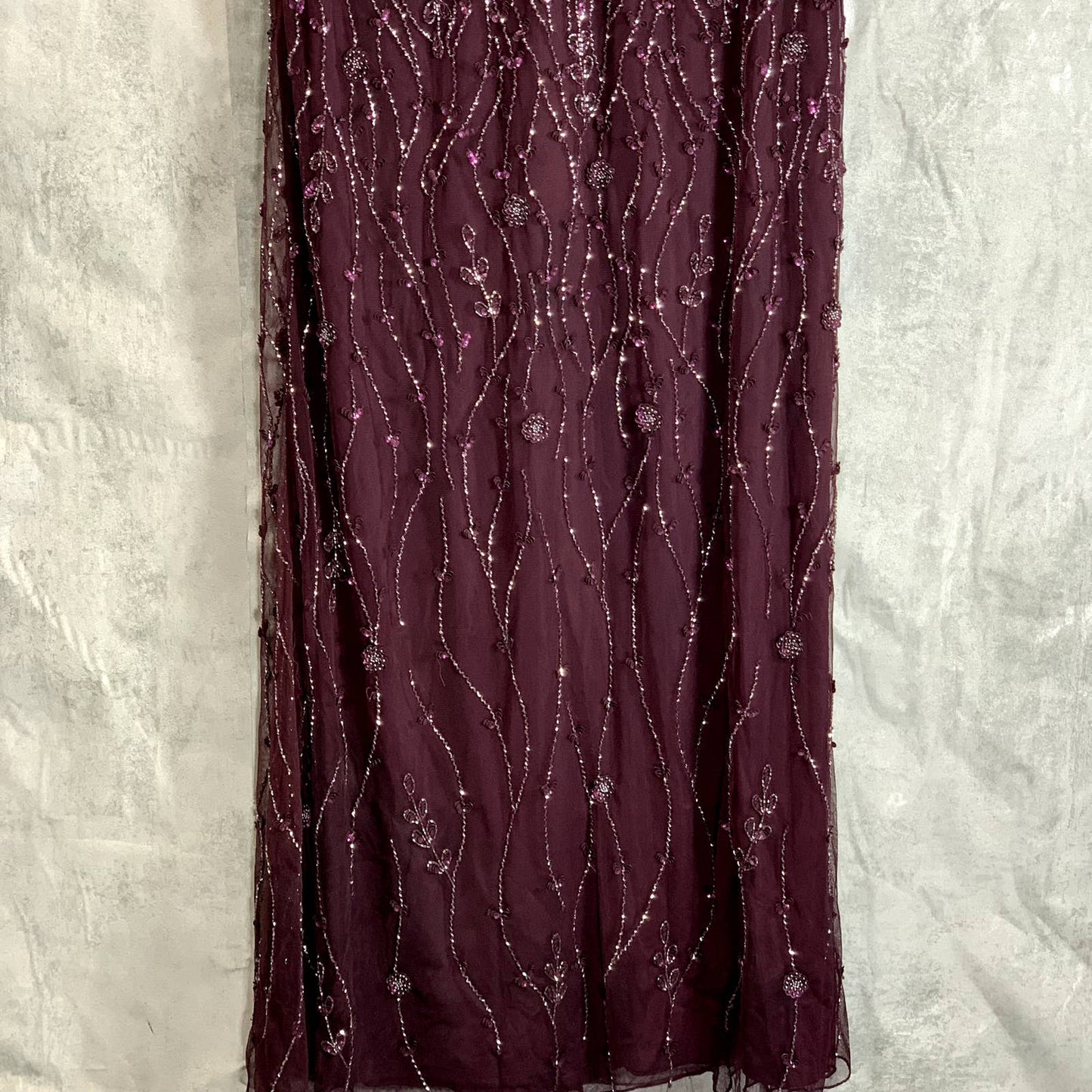 JKARA Women's Wine Beaded Embellished V-Neck Mesh Flutter-Sleeve Gown SZ 12