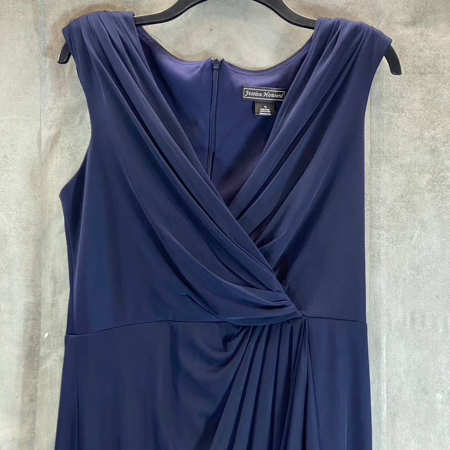 JESSICA HOWARD Women's Navy Faux-Wrap Ruched Sleeveless Maxi Gown SZ 12