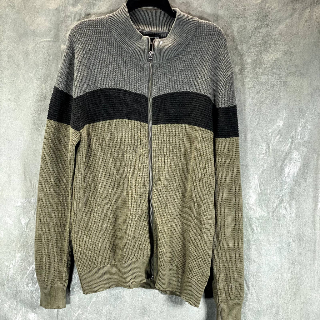 INC INTERNATIONAL Men's Green Tea Leaf Colorblocked Cotton Full-Zip Sweater SZ L