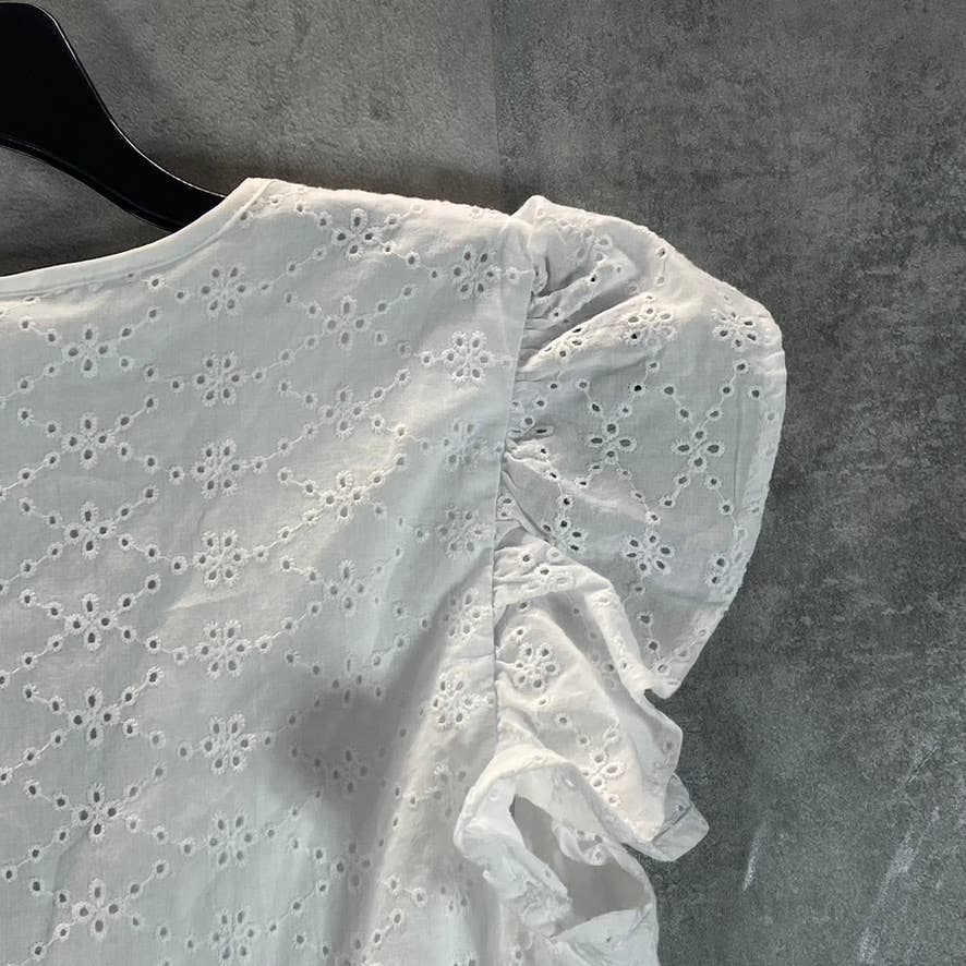 BAR III Women's Bright White Eyelet Ruched V-Neck Flutter Short Sleeve Dress