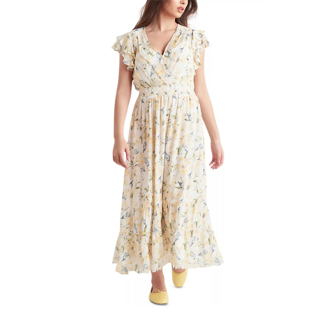 BLACK TAPE Women's Gold Lily Women's Faux-Wrap Smocked Flutter Sleeve Dress SZ M