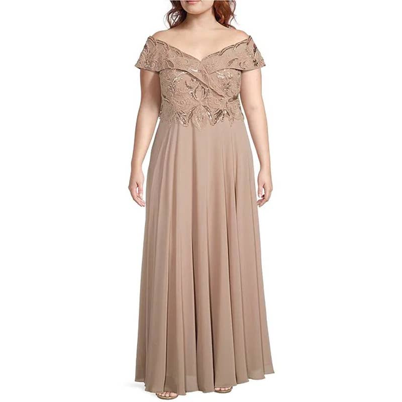 XSCAPE Women's Taupe Beaded Bodice Sweetheart Off-the-Shoulder Chiffon Gown SZ16