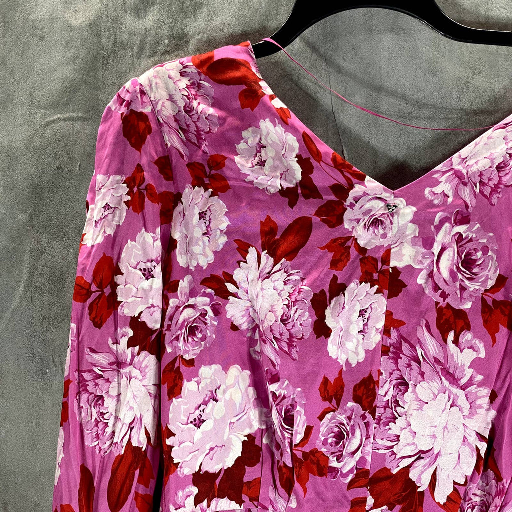 GUESS Women's Retro Roses Pink Combo Leena Belted Long-Sleeve MIni Dress SZ L