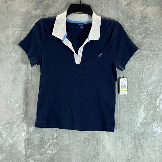 NAUTICA Women's Navy Split Spread Collar Ribbed Short Sleeve Polo Top SZ M