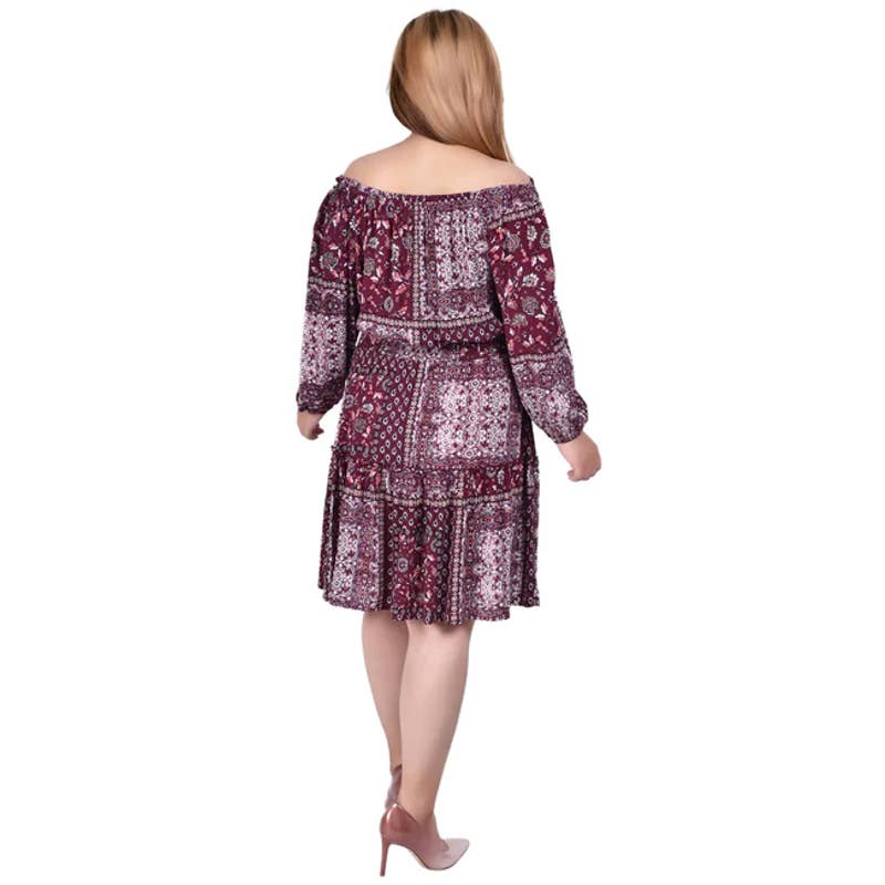 NY COLLECTION Women's Moroccan Red Printed Off-The-Shoulder Crepon Dress SZ M