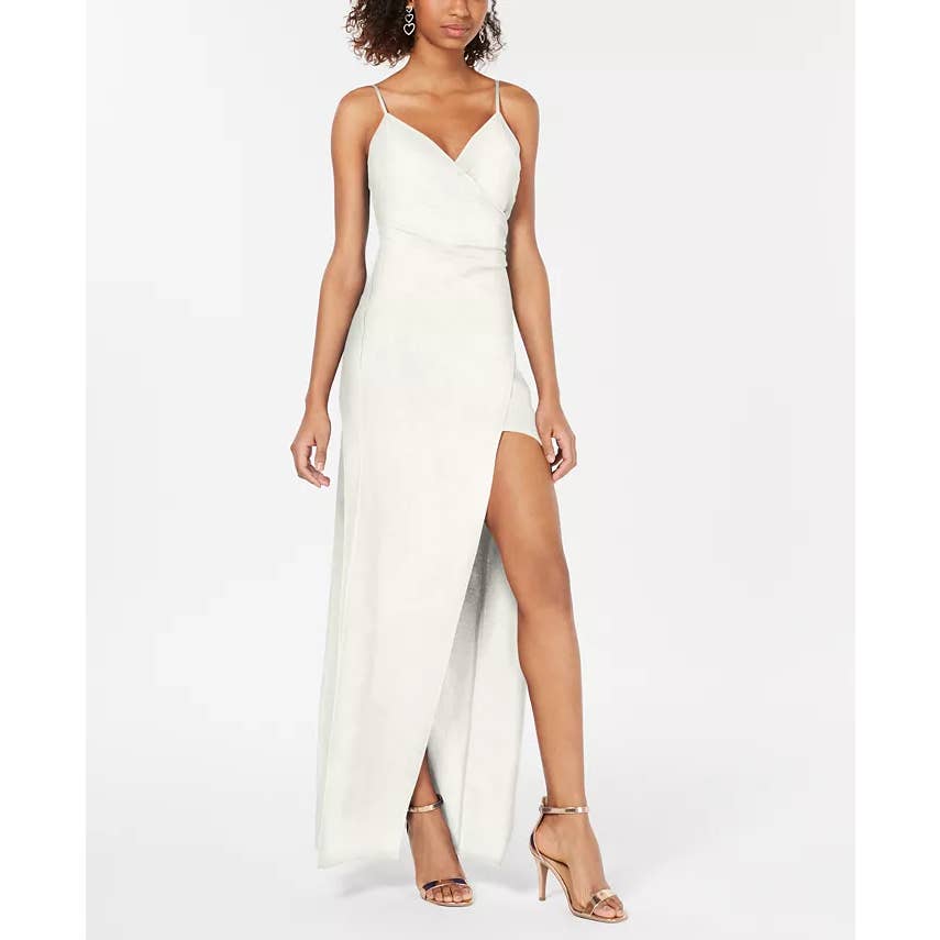 EMERALD SUNDAE Juniors' Ivory Surplice V-Neck High-Slit Adjustable Straps Gown