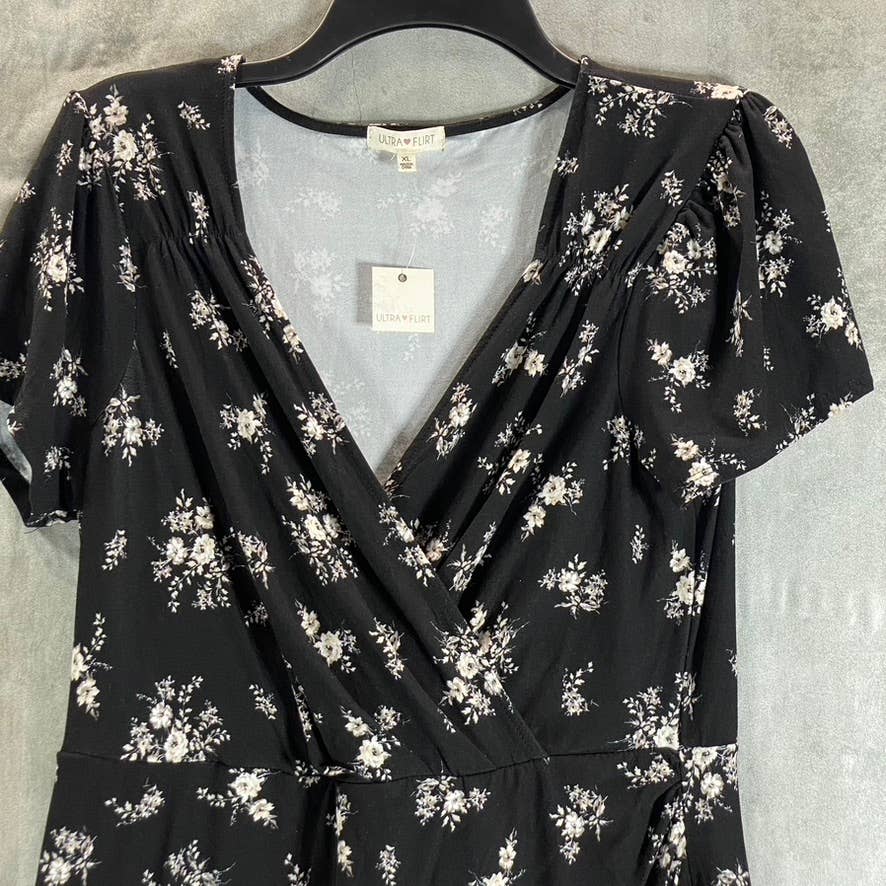 ULTRA FLIRT Juniors' Black Floral-Print V-Neck Faux-Wrap Bodycon Mini Dress SZXL