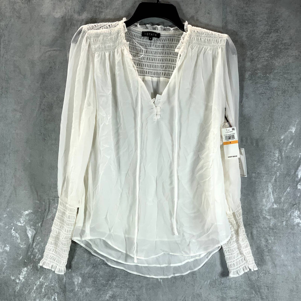 1.STATE Women's Soft Ecru Sheer Smocked Tie V-Neck Long-Sleeve Top SZ S