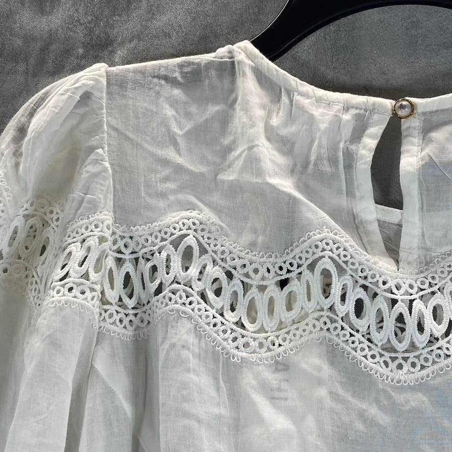 RAHI Women's White Sanibel Long Puff Sleeve Lace-Trim Belted Mini Dress SZ XS