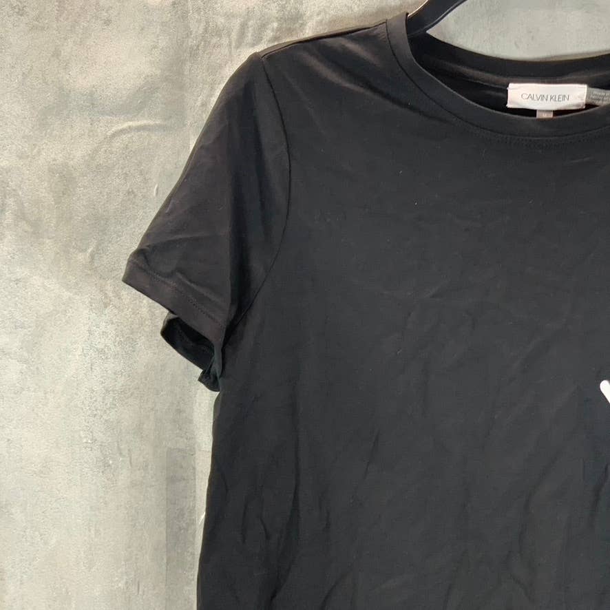 CALVIN KLEIN Women's Black Signature Logo Crewneck Short-Sleeve Tee SZ M