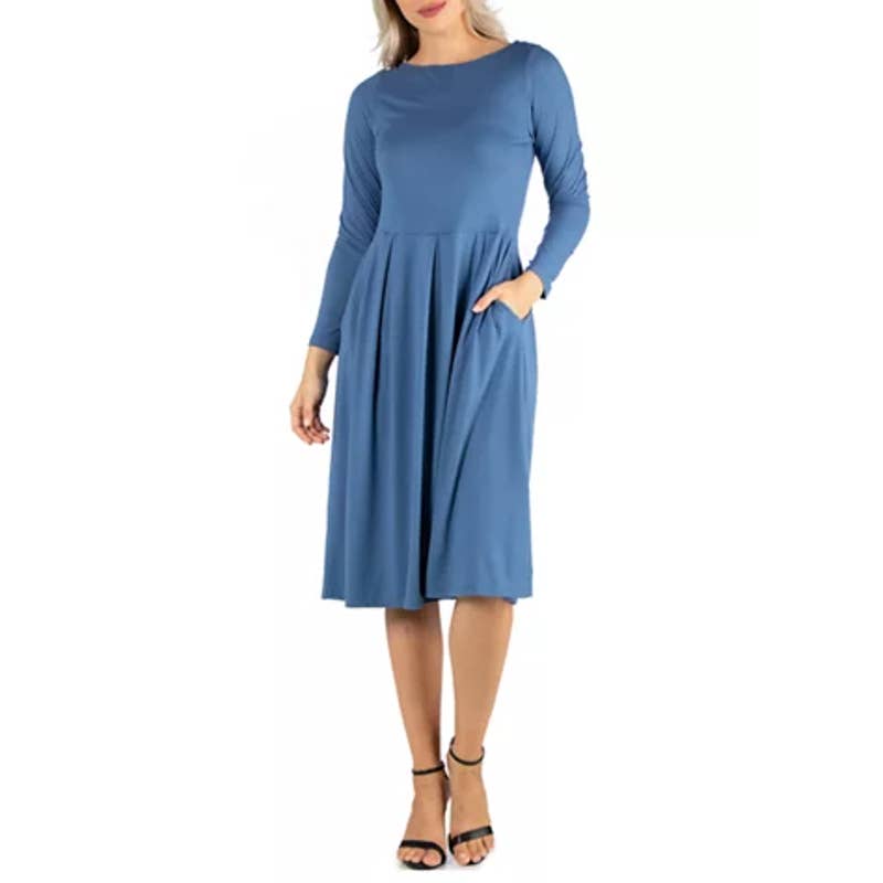 24SEVEN COMFORT APPAREL Women's Medium Blue Round-Neck Long-Sleeve Midi Dress