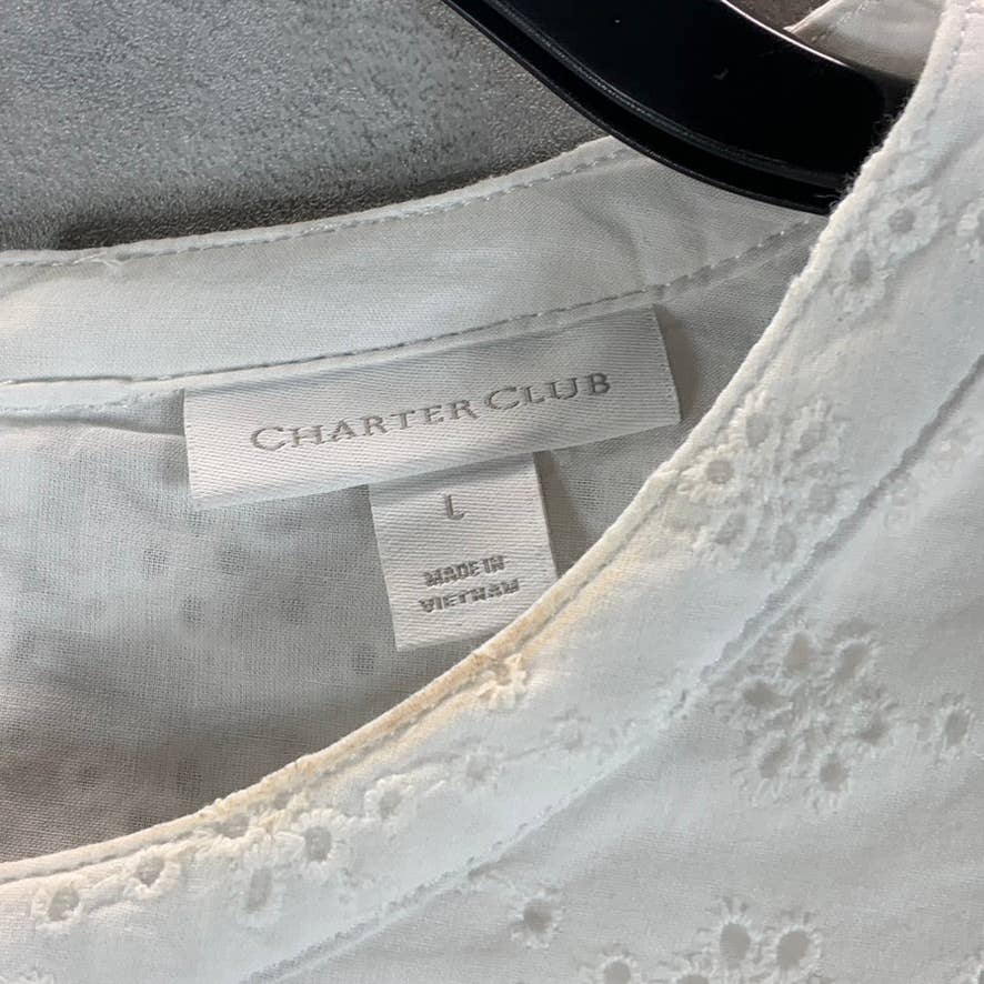 CHARTER CLUB Women's Bright White Crewneck Eyelet Flutter Short-Sleeve Top SZ L