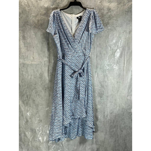 DKNY Women's Blue Printed Flutter-Sleeve V-Neck Faux-Wrap Dress SZ 14